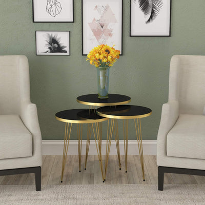 PAK HOME Set of 3 Walnut Nesting End Tables round Wood Stacking Coffee Side Accent Table with Metal Legs for Living Room, Home Office, Nightstands for Bedroom