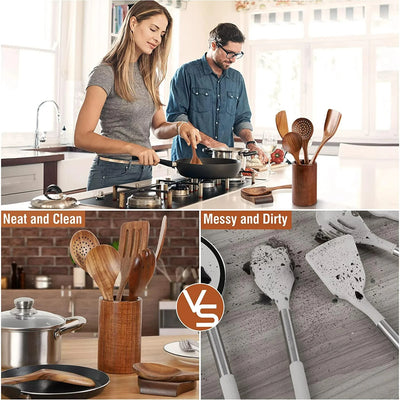9 PCS Wooden Spoons for Cooking Sets, Wooden Utensils for Cooking, Spatula,Turner, Slotted Spoon, Wood Spoon Set for Kitchen Essentials, Non-Stick Cookware, Heat Resistant
