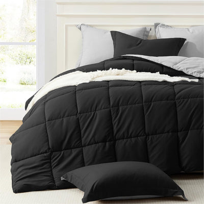  King Size Comforter Set Black,  Soft down Alternative Reversible All Season 3 Piece Set with 2 Shams Black/Light Grey