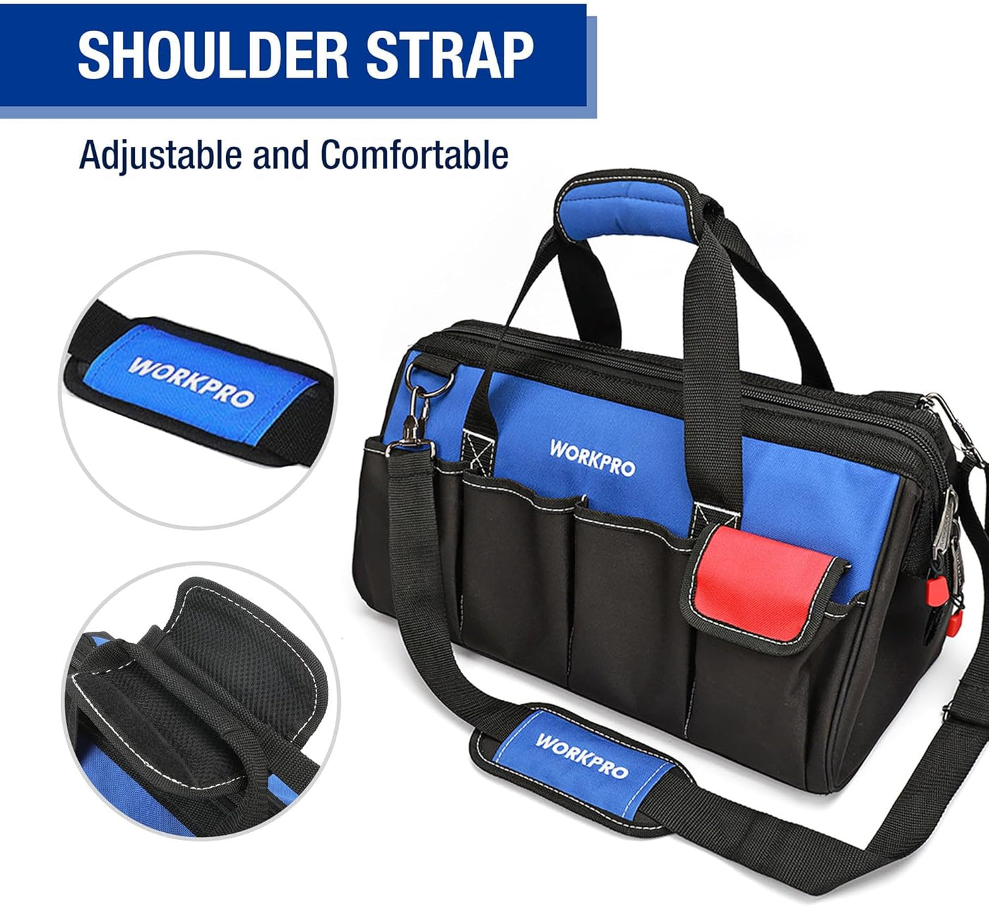 WORKPRO 18-Inch Close Top Wide Mouth Storage Tool Bag with Adjustable Shoulder Strap, Sturdy Bottom