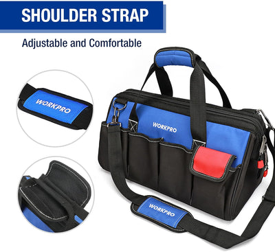 WORKPRO 18-Inch Close Top Wide Mouth Storage Tool Bag with Adjustable Shoulder Strap, Sturdy Bottom