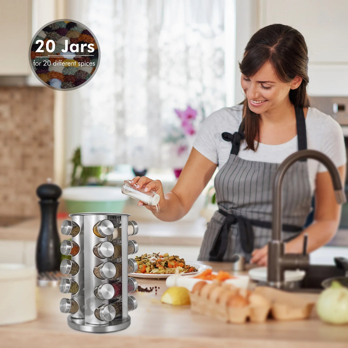Rotating Spice Rack with Jars, Spinning Spice Rack Shelf, Revolving Spice Rack for Kitchen (Silver)