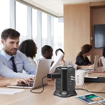 Power Strip Tower Surge Protector BEVA 10Ft Flat Plug Desktop Charging Station 9 AC Outlets 4 USB Ports, 900 Joules, Long Extension Cord for Home Office Appliances Smartphones Computer Tablets(Black)
