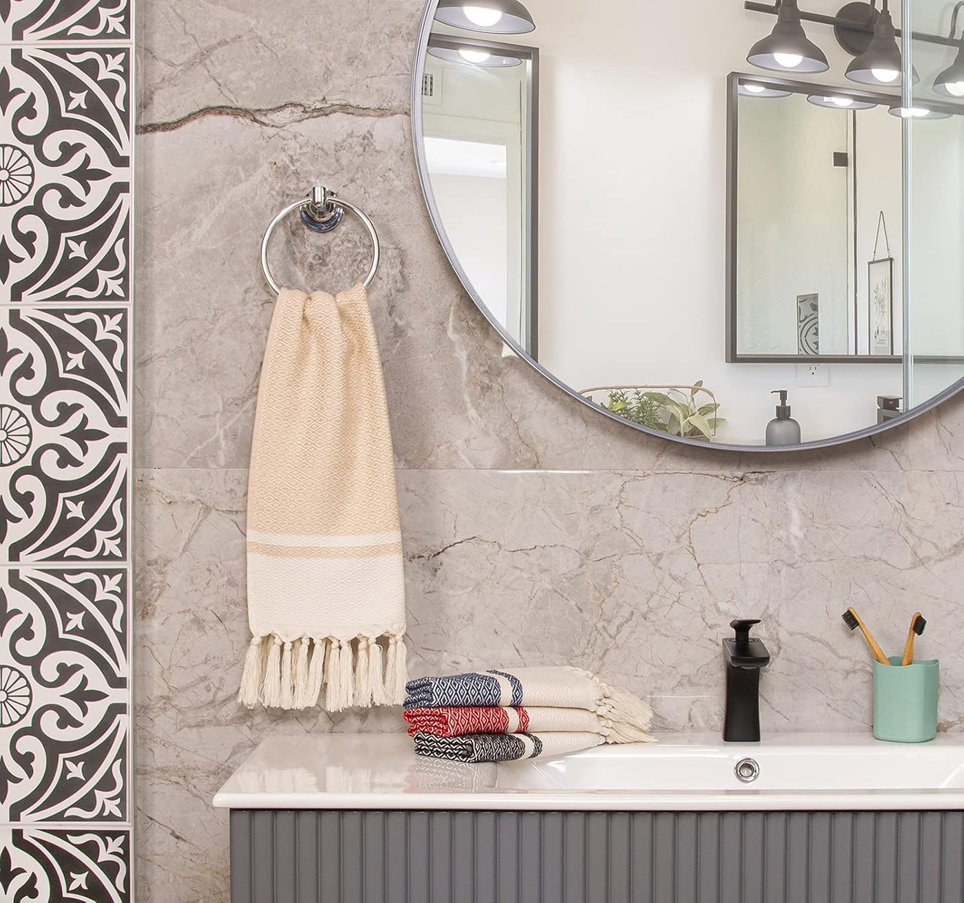 Rumi & Shams Turkish Farmhouse Boho Hand Towels | 2 Pcs Beige (Sand) | 16 X 32 Inches | 100% Cotton