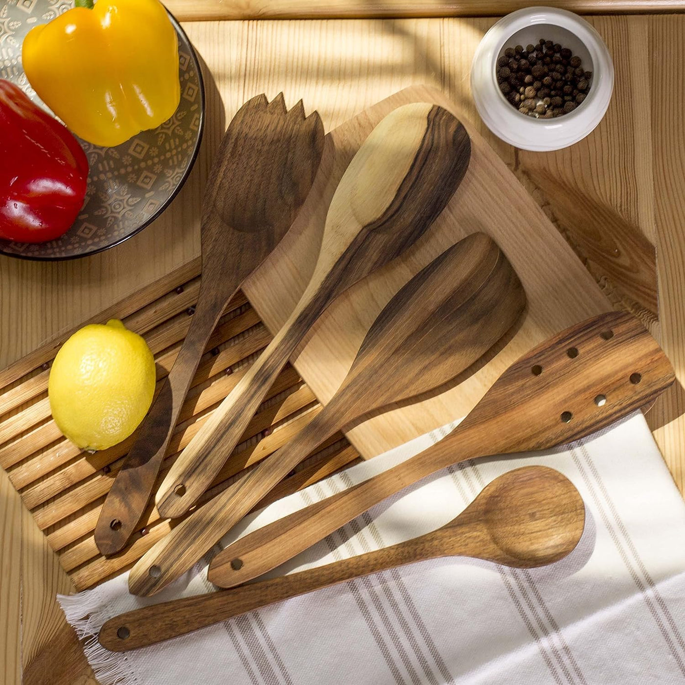 Walnut Handmade Wooden Spoons Heavy Duty Spatula Short Angled - 5Pcs 