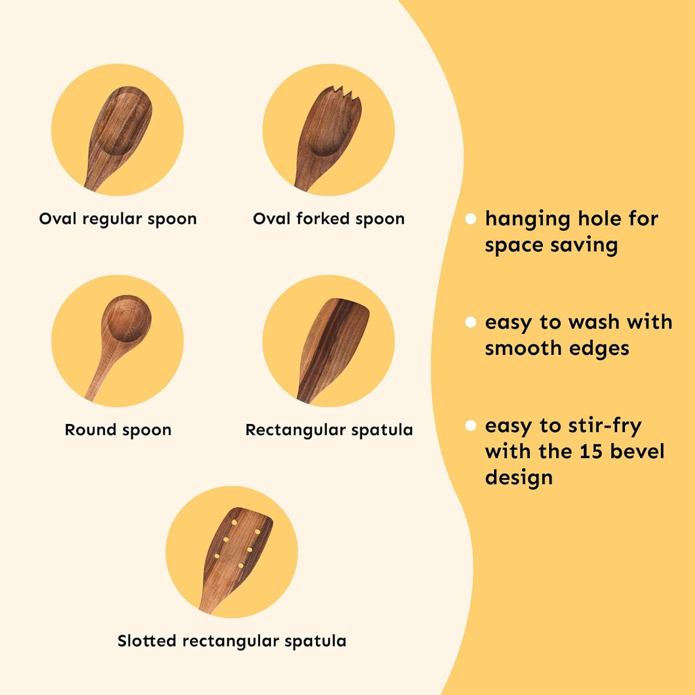 Walnut Handmade Wooden Spoons Heavy Duty Spatula Short Angled - 5Pcs 