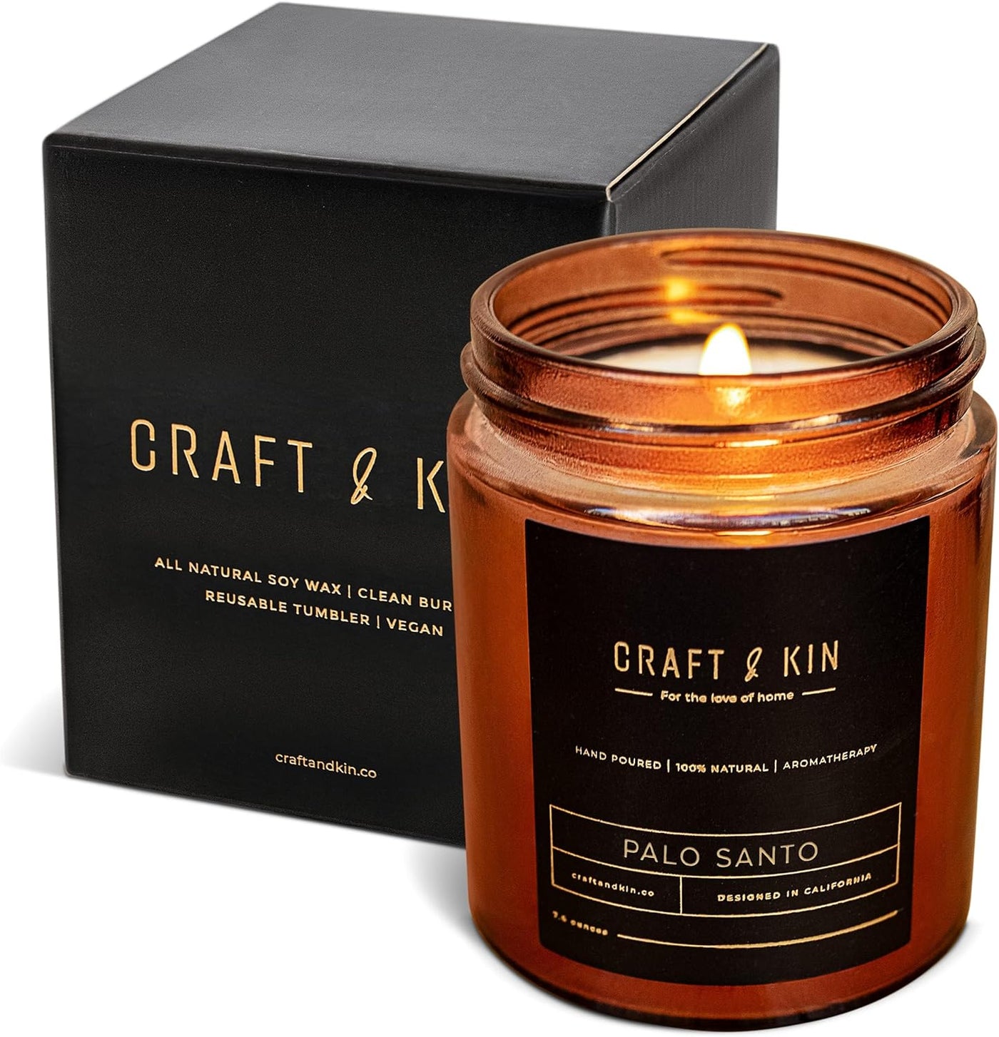Craft & Kin Scented Candles for Men | Palo Santo Candle | All-Natural Scented Candles for Home | Long Lasting with 45 Hour Burn Time, 8Oz