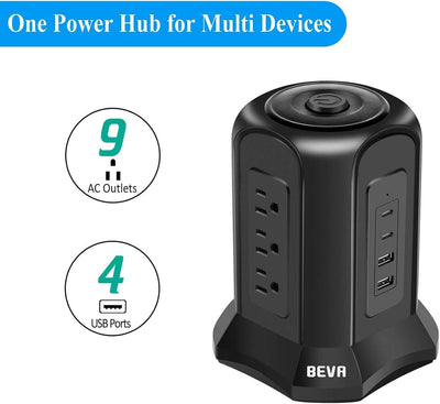 Power Strip Tower Surge Protector BEVA 10Ft Flat Plug Desktop Charging Station 9 AC Outlets 4 USB Ports, 900 Joules, Long Extension Cord for Home Office Appliances Smartphones Computer Tablets(Black)