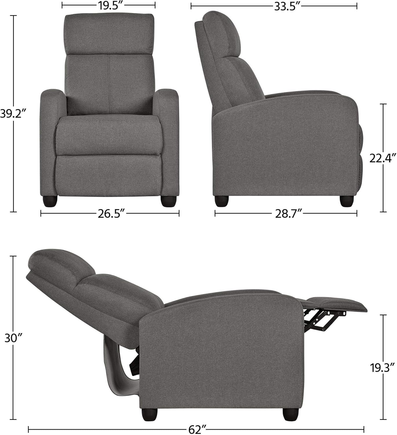 Yaheetech 2-Seat Fabric Pushback Recliner Chair Living Room Chair with Thick Seat Cushion and Backrest Reclining Chair for Living Room Grey