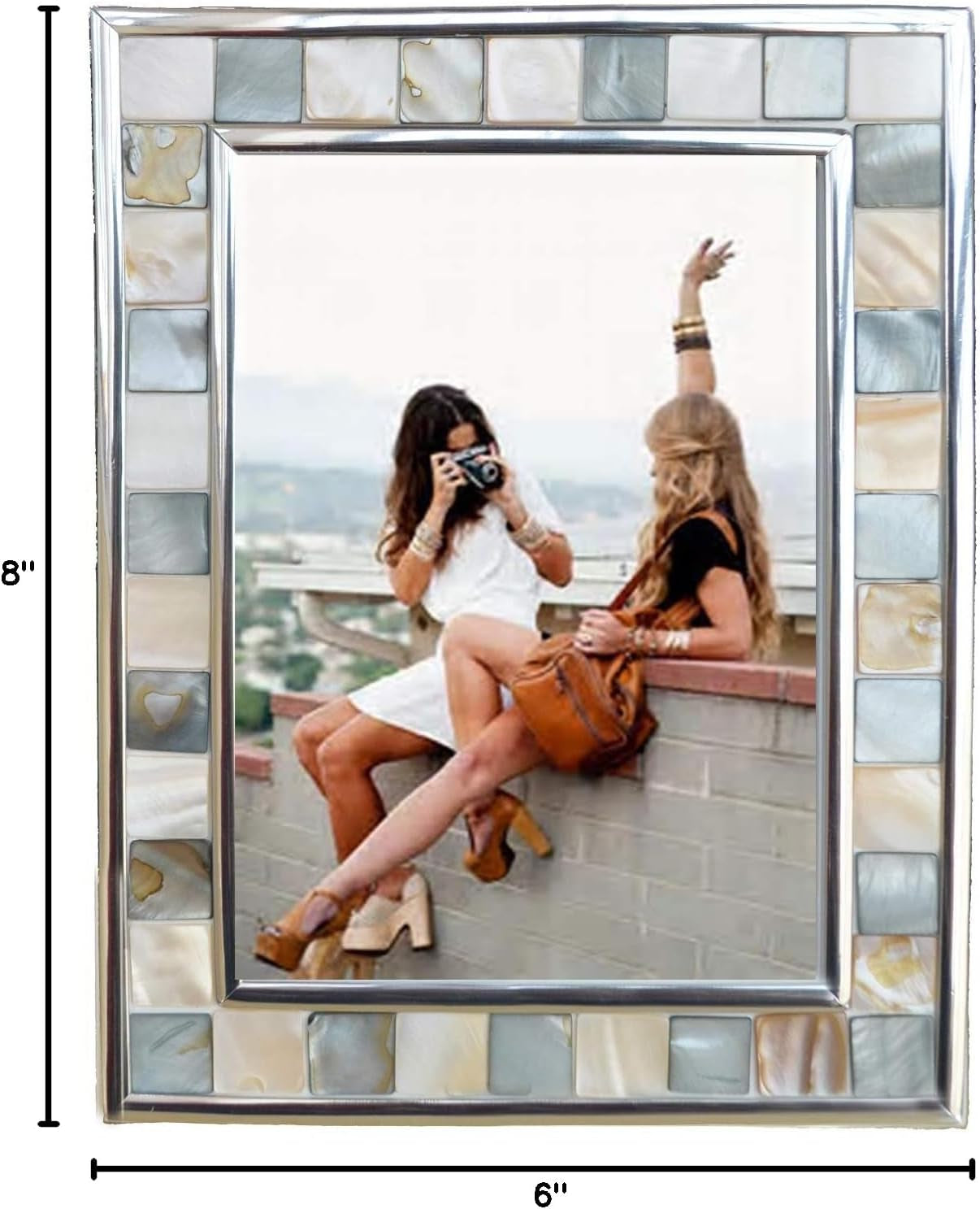 GIFTME 5 Silver Plate Grey Picture Frame 6X8 Mother of Pearl Mosaic Glass Tabletop Picture Frame (Grey+ White,1Pc)