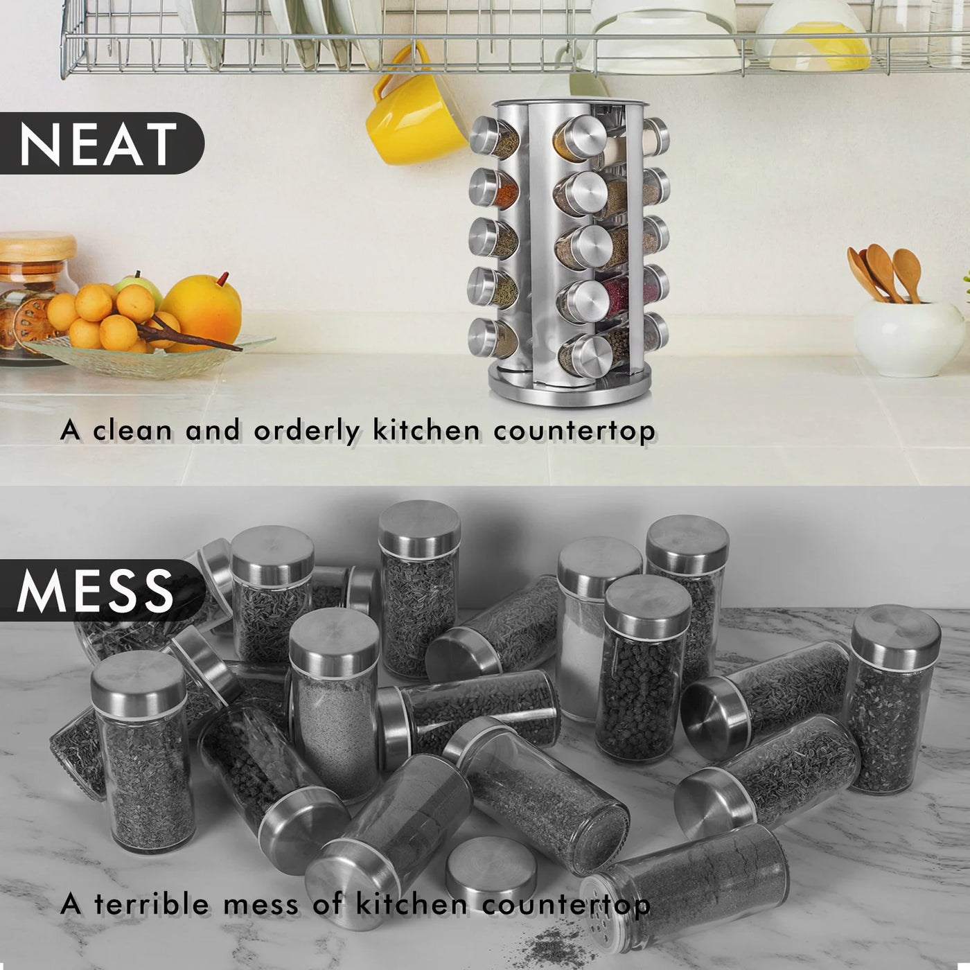 Rotating Spice Rack with Jars, Spinning Spice Rack Shelf, Revolving Spice Rack for Kitchen (Silver)