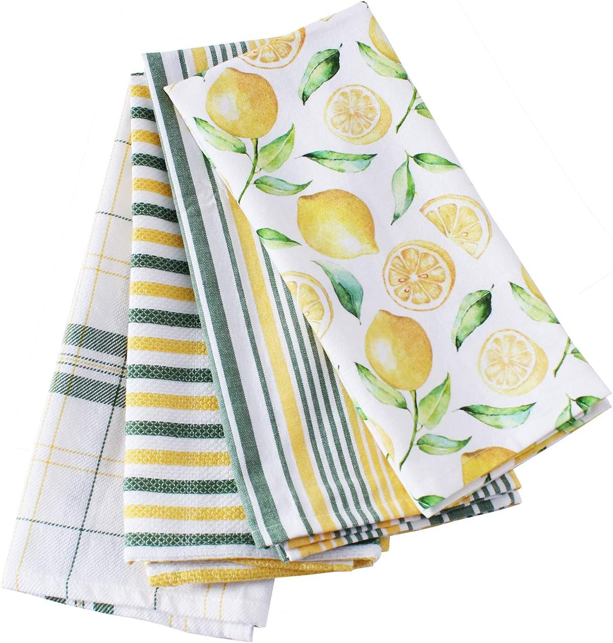 ACCENTHOME Lemon Yellow Printed Cotton Kitchen Towel Set - Absorbent Multi Purpose Kitchen Linen - 4 Drying Dish Hand Towels 20X28