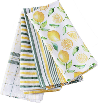 ACCENTHOME Lemon Yellow Printed Cotton Kitchen Towel Set - Absorbent Multi Purpose Kitchen Linen - 4 Drying Dish Hand Towels 20X28