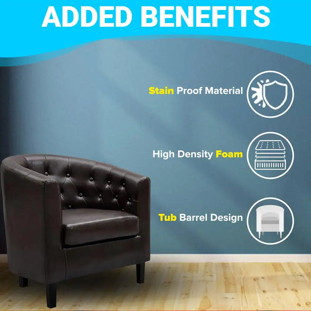 31 In. Espresso Mid-Century Modern Button Tufted Faux Leather Arm Chair