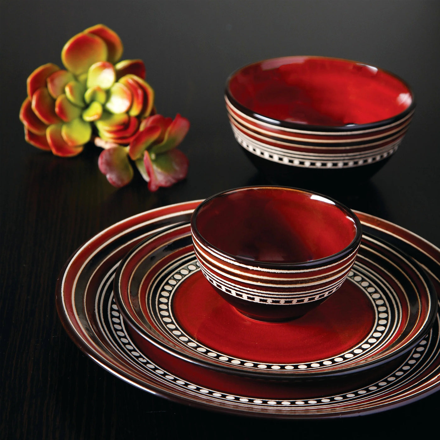 Gibson Elite Café Versailles 16 Piece Double Bowl Dinnerware Set - Red