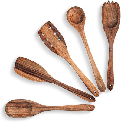 Walnut Handmade Wooden Spoons Heavy Duty Spatula Short Angled - 5Pcs 