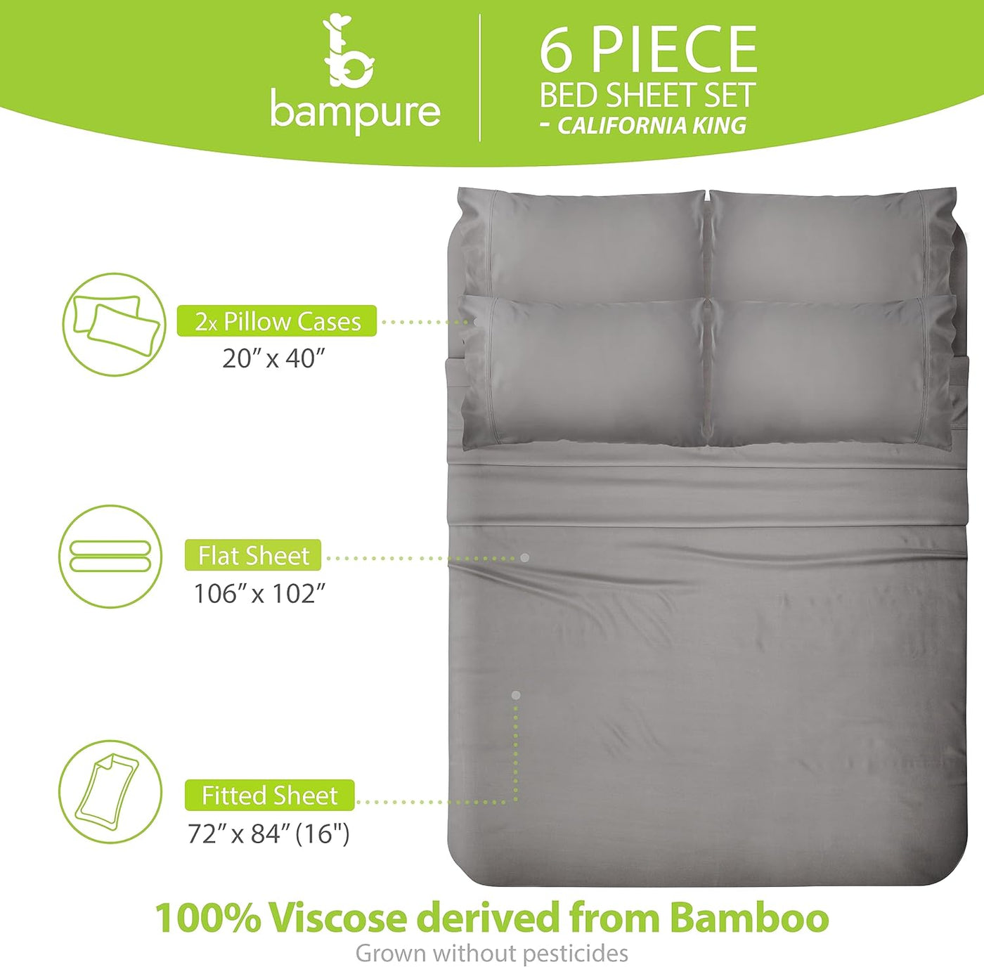 BAMPURE 6 Pcs California King Sheet Sets - 100% Pure Viscose Derived from Bamboo Sheets California King Size - Super Soft Viscose Bamboo Cooling Sheets for Hot Sleepers - up to 16’’ Deep Pocket S.Gray