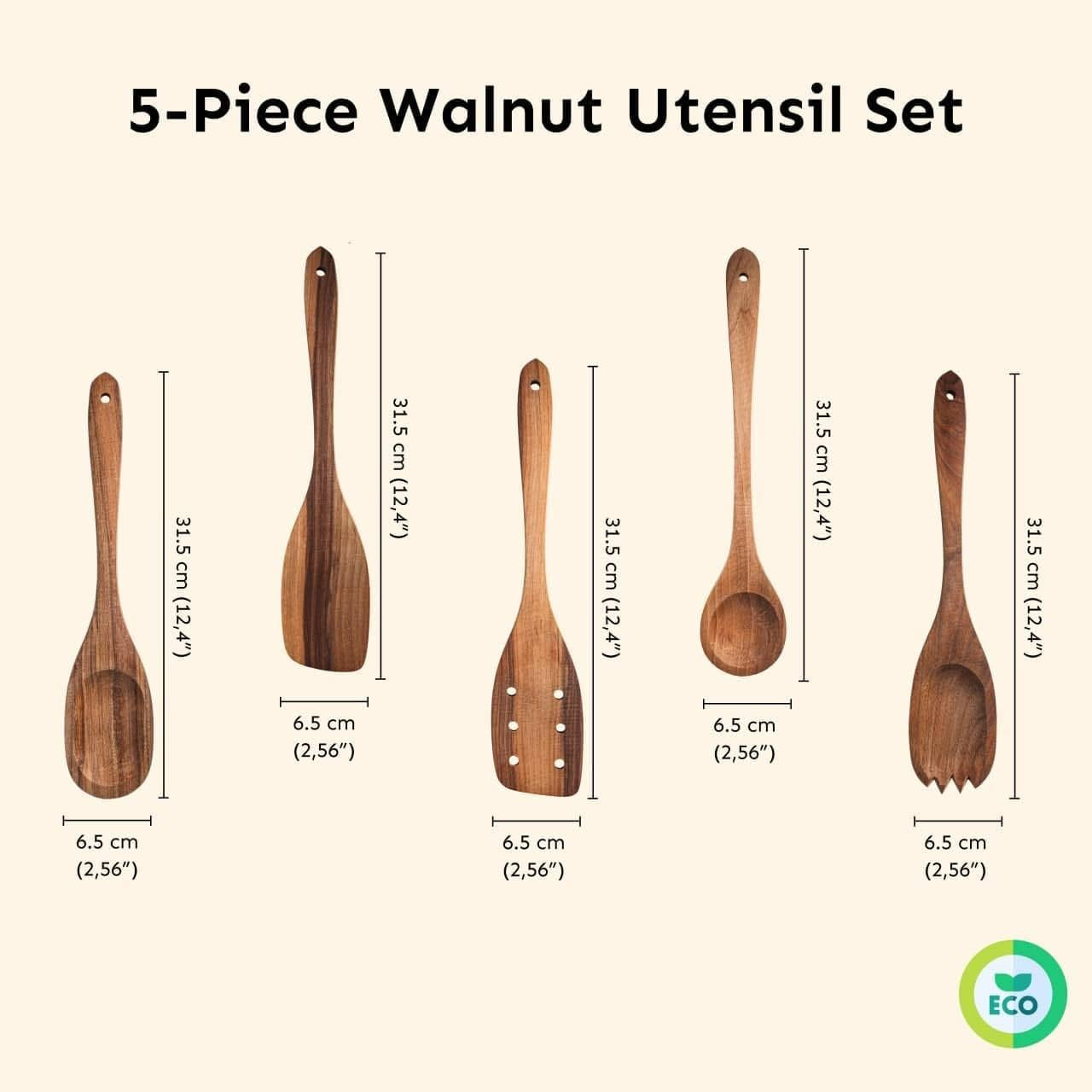 Walnut Handmade Wooden Spoons Heavy Duty Spatula Short Angled - 5Pcs 