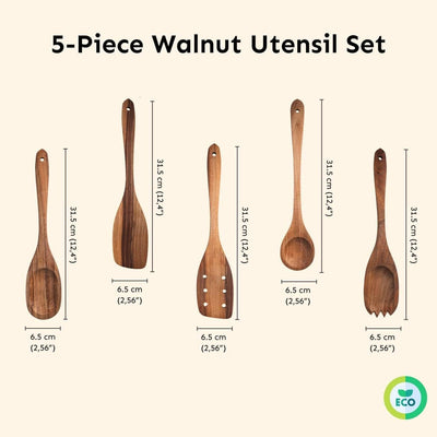 Walnut Handmade Wooden Spoons Heavy Duty Spatula Short Angled - 5Pcs 
