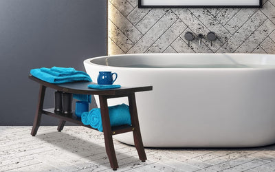 Decoteak Satori 28-Inch Brown Waterproof Teak Wood Shower Bench Stool Seat Chair for inside Shower Storage Shelf Provides Safety, Storage, and Organization for Bathroom Accessories