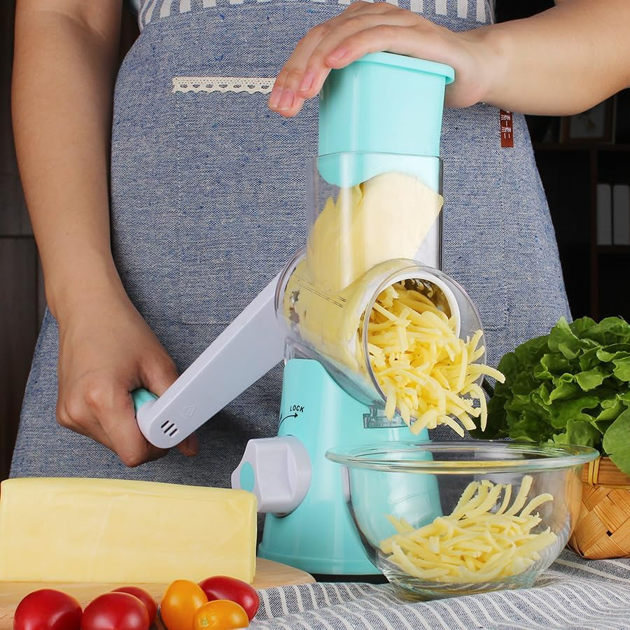 Ourokhome Rotary Cheese Grater Hand Crank, Potatoe Shredder Speed Mandolin Slicer Nut Grinder with Handle and Drum Blades , 3 Blades, Blue
