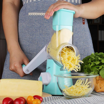 Ourokhome Rotary Cheese Grater Hand Crank, Potatoe Shredder Speed Mandolin Slicer Nut Grinder with Handle and Drum Blades , 3 Blades, Blue