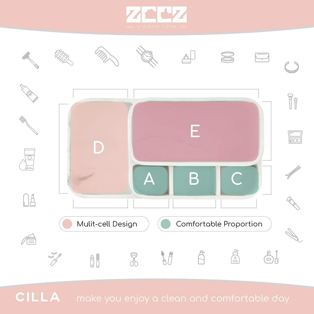 Fresh and Clean ZCCZ Toothbrush Holder Organizer - Multi-Functional Bathroom Storage for Makeup, Skincare, and Accessories - White Marble Look Countertop Organizer for Sink and Vanity Spaces