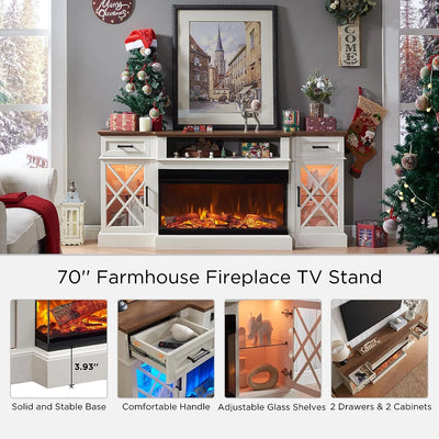 Farmhouse 3-Sided Fireplace TV Stand for 80" Tvs, 70" Entertainment Center with Electric Fireplace and Storage Drawers, Antique White