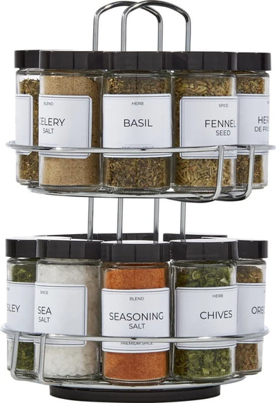 16-Jar Chrome Wire 2-Tier Revolving Filled Countertop Spice Rack & Organizer