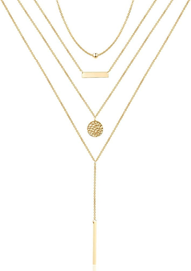 Turandoss Dainty Layered Choker Necklace, Handmade 14K Gold Plated Y Pendant Necklace Multilayer Bar Disc Necklace Adjustable Layering Choker Necklaces for Women