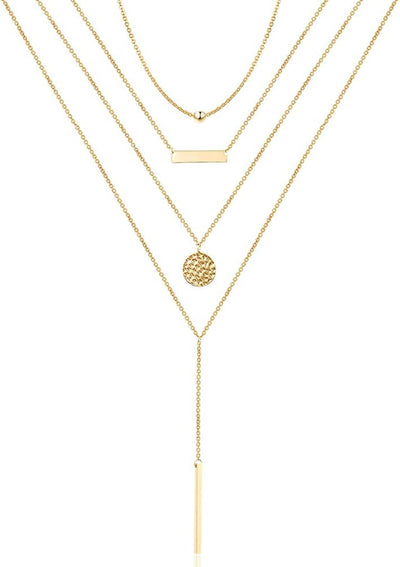 Turandoss Dainty Layered Choker Necklace, Handmade 14K Gold Plated Y Pendant Necklace Multilayer Bar Disc Necklace Adjustable Layering Choker Necklaces for Women