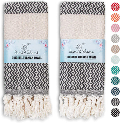 Turkish Hand Towels for Bathroom | 2 Pcs Decorative Bathroom Towels | 100% Cotton Farmhouse Kitchen Towels | 16X35 Boho Hand Towels | Oeko-Tex Certified Dark Gray Hand Towels | by Rumi&Shams