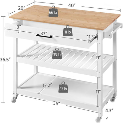 Yaheetech 40" Width Kitchen Island Cart on Wheels, 3 Tiers Rolling Utility Cart with Solid Wood Top and Drawer & 2 Spacious Storage Shelf, Serving Trolley for Dining Room, White