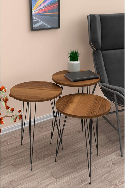 PAK HOME Set of 3 Walnut Nesting End Tables round Wood Stacking Coffee Side Accent Table with Metal Legs for Living Room, Home Office, Nightstands for Bedroom