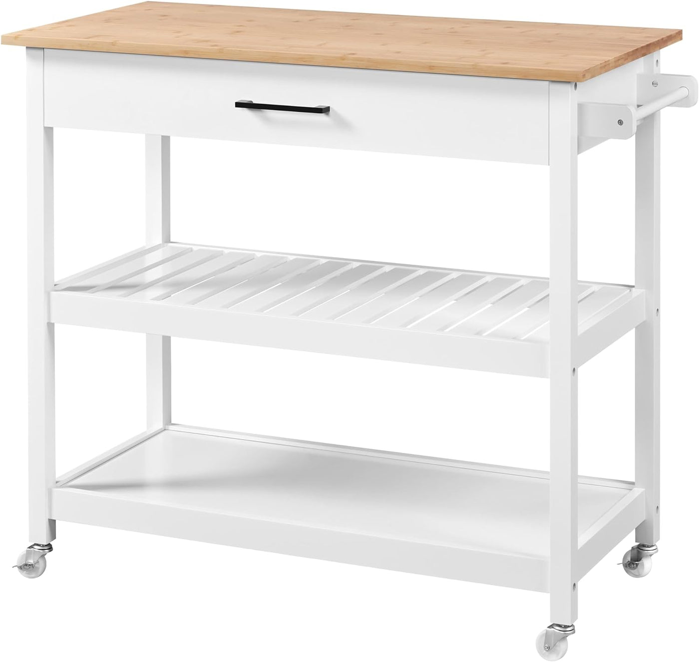 Yaheetech 40" Width Kitchen Island Cart on Wheels, 3 Tiers Rolling Utility Cart with Solid Wood Top and Drawer & 2 Spacious Storage Shelf, Serving Trolley for Dining Room, White