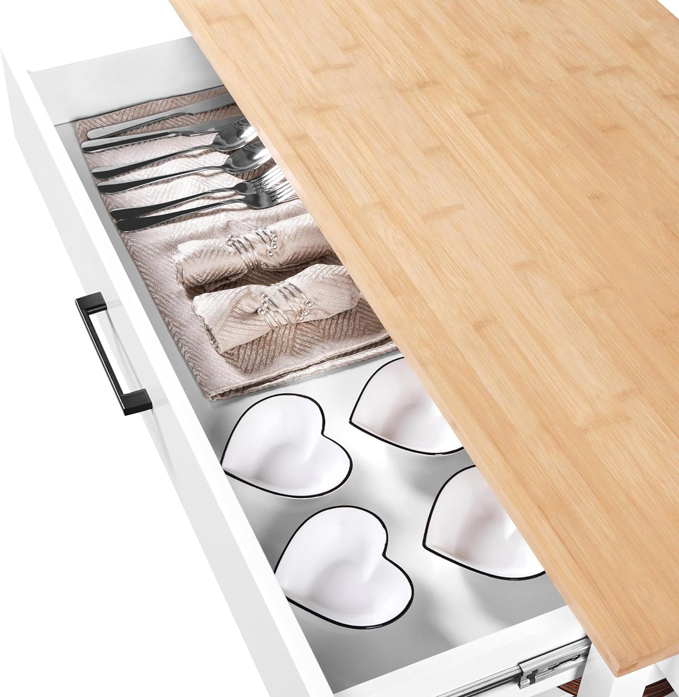 Yaheetech 40" Width Kitchen Island Cart on Wheels, 3 Tiers Rolling Utility Cart with Solid Wood Top and Drawer & 2 Spacious Storage Shelf, Serving Trolley for Dining Room, White