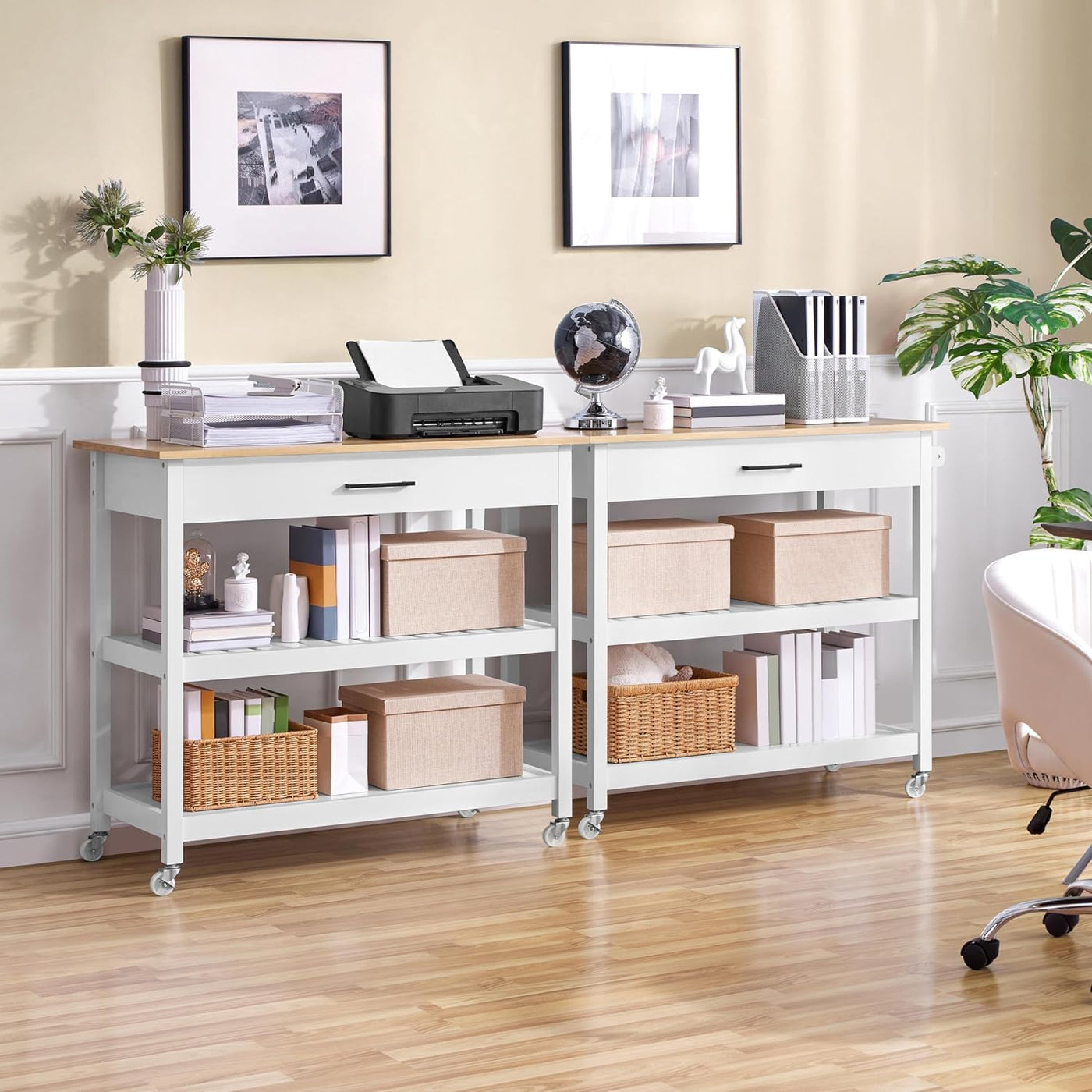 Yaheetech 40" Width Kitchen Island Cart on Wheels, 3 Tiers Rolling Utility Cart with Solid Wood Top and Drawer & 2 Spacious Storage Shelf, Serving Trolley for Dining Room, White