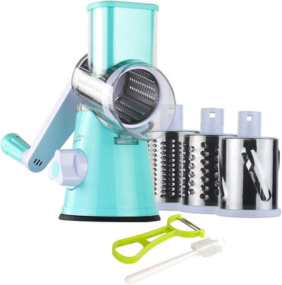 Ourokhome Rotary Cheese Grater Hand Crank, Potatoe Shredder Speed Mandolin Slicer Nut Grinder with Handle and Drum Blades , 3 Blades, Blue