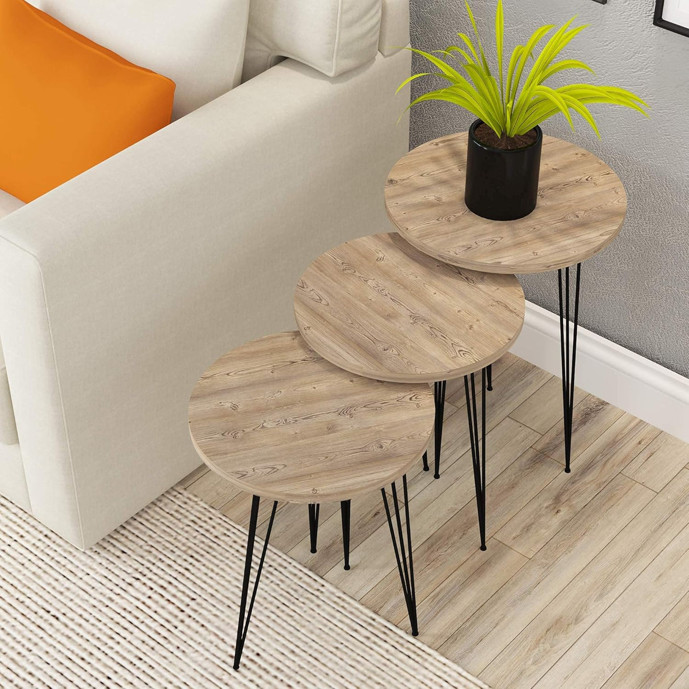 PAK HOME Set of 3 Walnut Nesting End Tables round Wood Stacking Coffee Side Accent Table with Metal Legs for Living Room, Home Office, Nightstands for Bedroom
