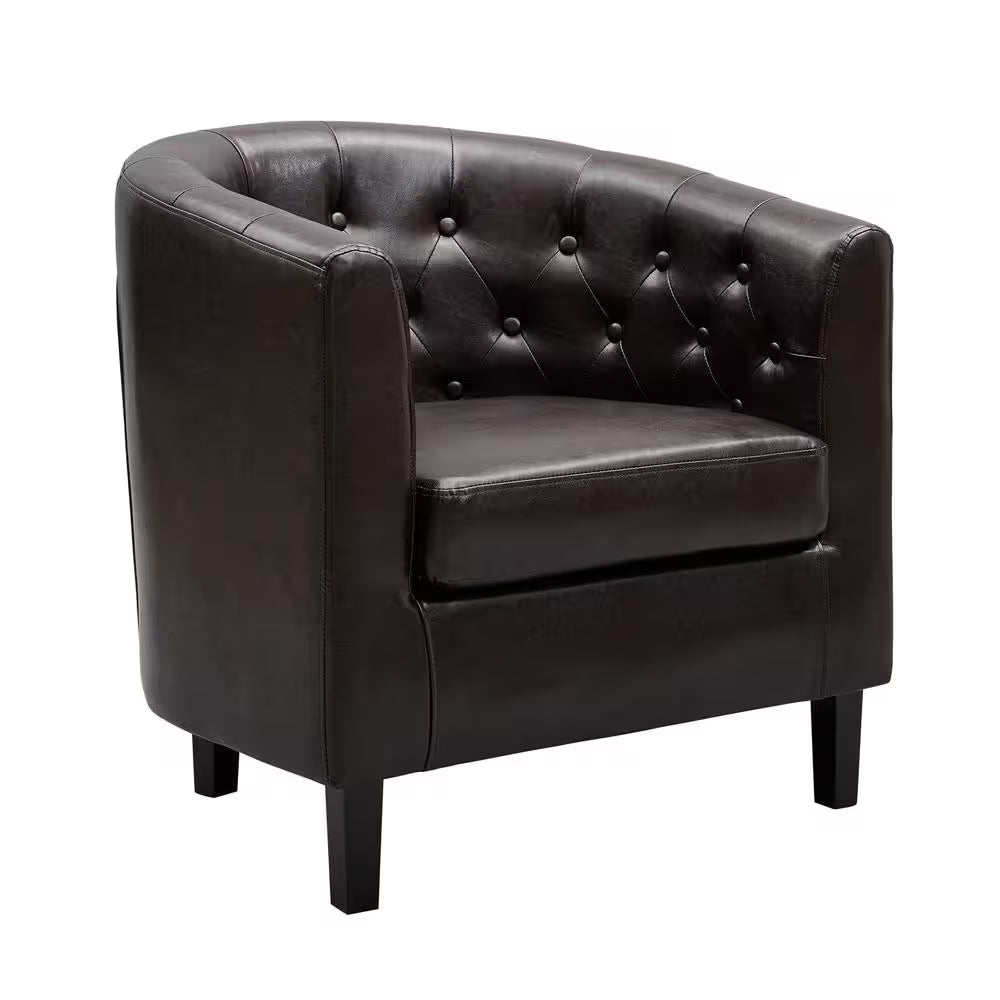 31 In. Espresso Mid-Century Modern Button Tufted Faux Leather Arm Chair