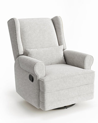 Swivel Nursery Glider Recliner, Comfy Upholstered Glider Chair with Lumbar Pillow and Footres, Grey