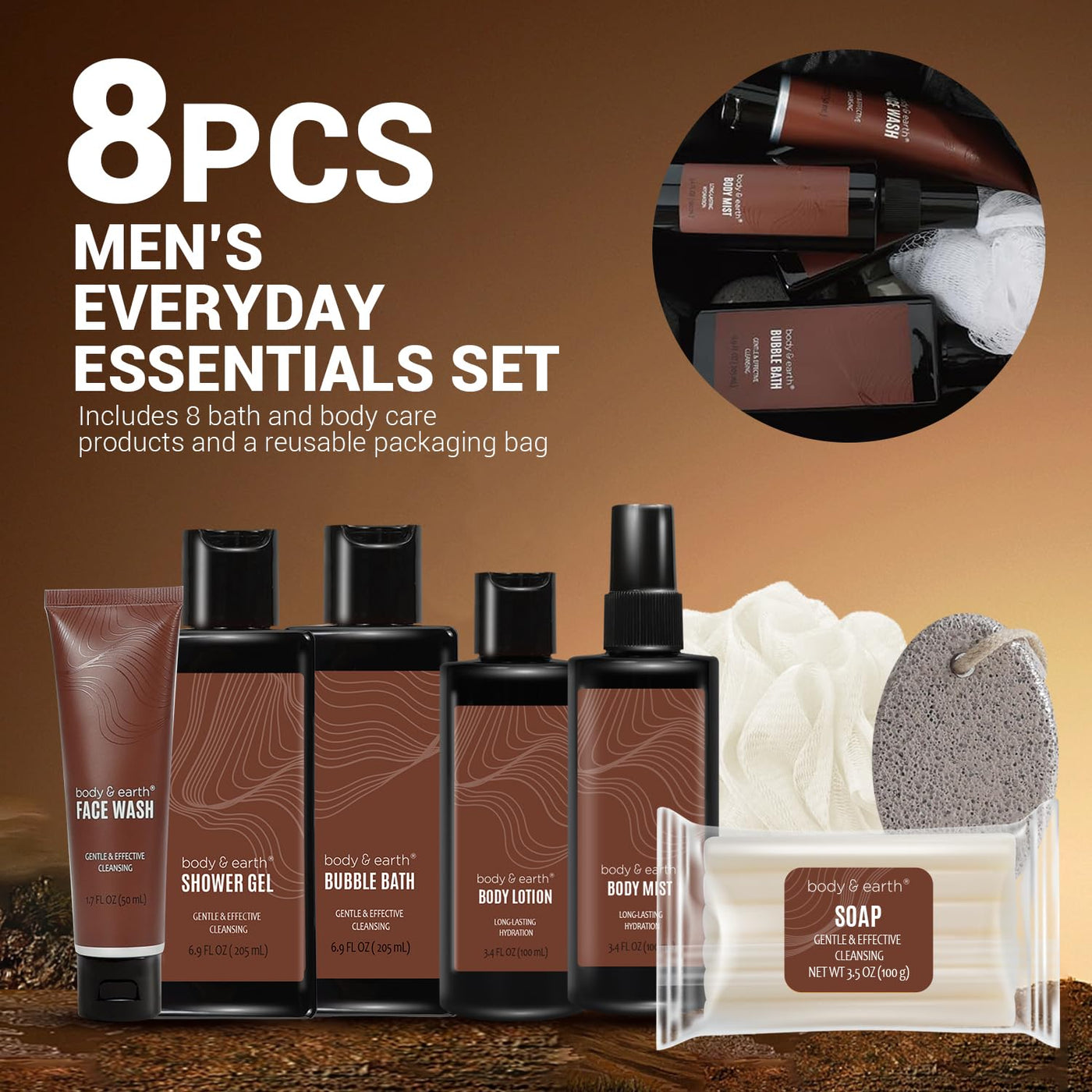 Men's Gift Bundle Body & Earth Bath and Body Wash Sets for Men - 8Pcs Spa Baskets Mens Birthday Gifts Sandalwood, Self Care Kit, Husband Men Father'S Day Gifts