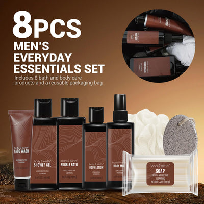 Men's Gift Bundle Body & Earth Bath and Body Wash Sets for Men - 8Pcs Spa Baskets Mens Birthday Gifts Sandalwood, Self Care Kit, Husband Men Father'S Day Gifts