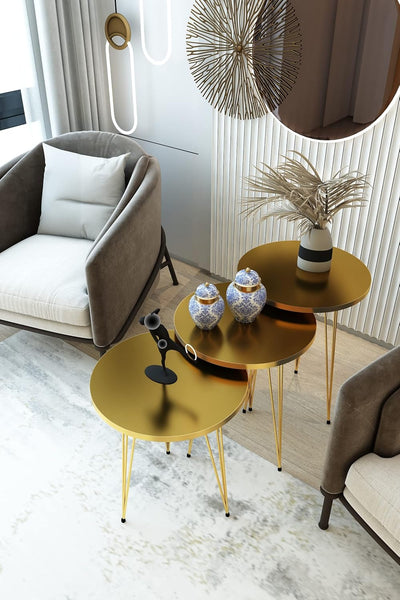 PAK HOME Set of 3 Walnut Nesting End Tables round Wood Stacking Coffee Side Accent Table with Metal Legs for Living Room, Home Office, Nightstands for Bedroom