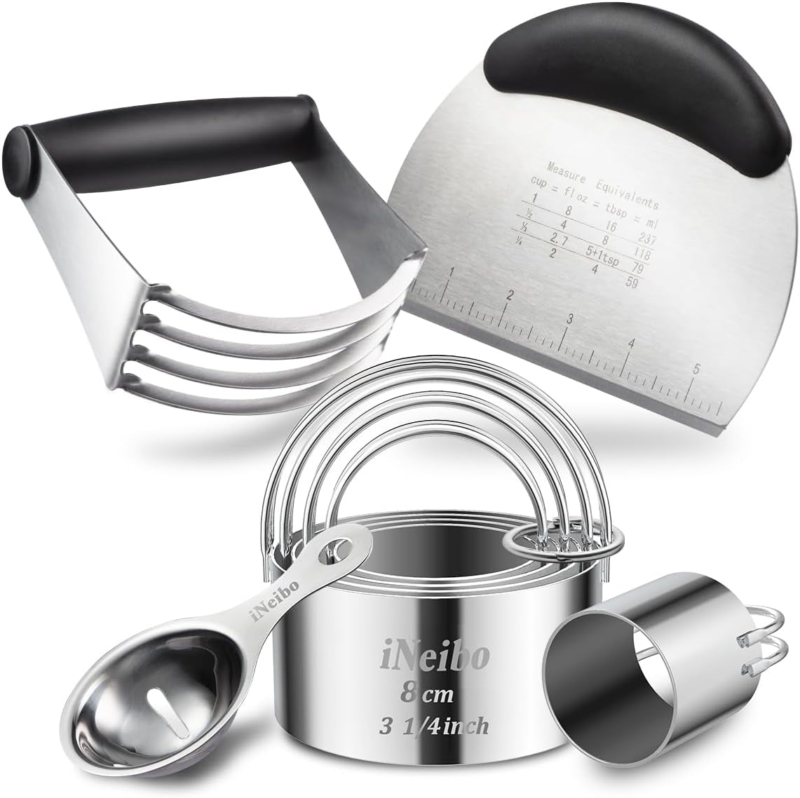 Ineibo Professional Baking Tools Biscuit Cutter Set Dough Blender/Cutter round Cookies Cutter with Handle + Pastry Scraper+Egg Separator Heavy Duty Baking Dough Tools Pastry Utensils (Baking Tools)
