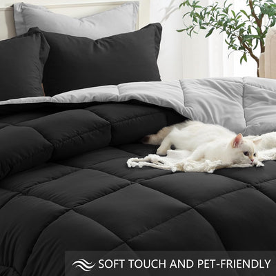  King Size Comforter Set Black,  Soft down Alternative Reversible All Season 3 Piece Set with 2 Shams Black/Light Grey