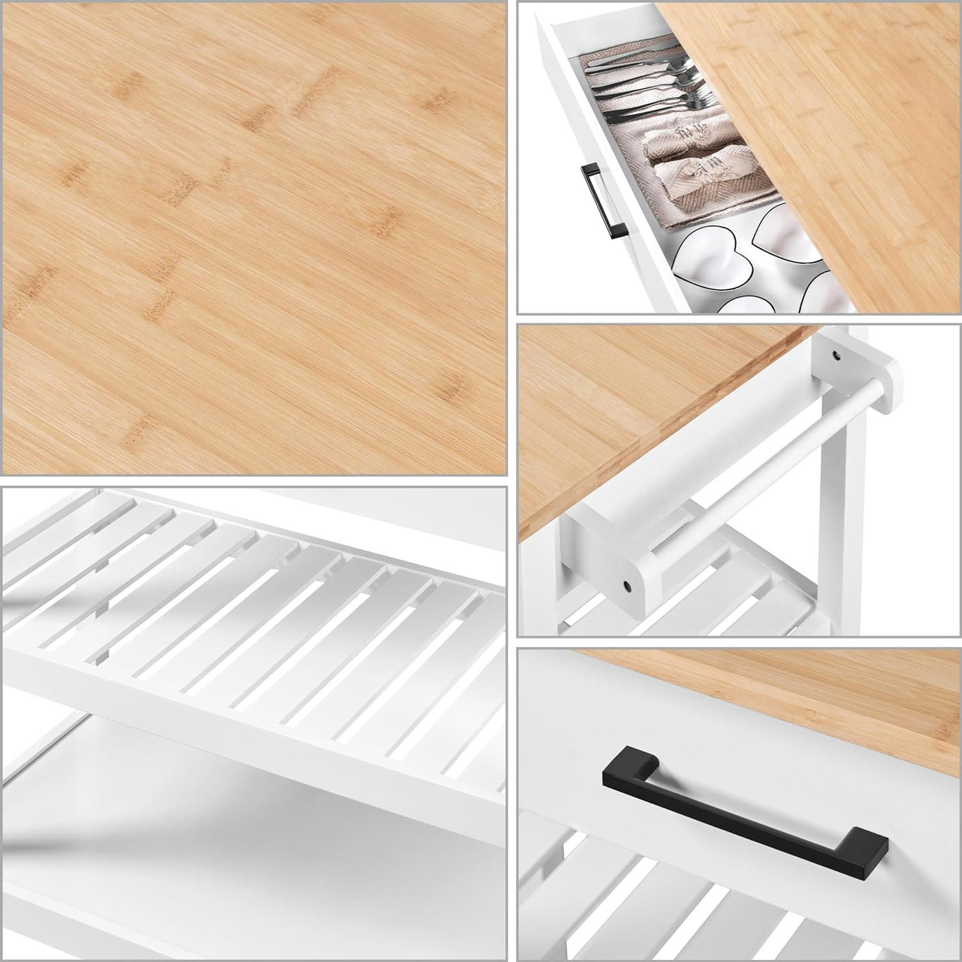 Yaheetech 40" Width Kitchen Island Cart on Wheels, 3 Tiers Rolling Utility Cart with Solid Wood Top and Drawer & 2 Spacious Storage Shelf, Serving Trolley for Dining Room, White