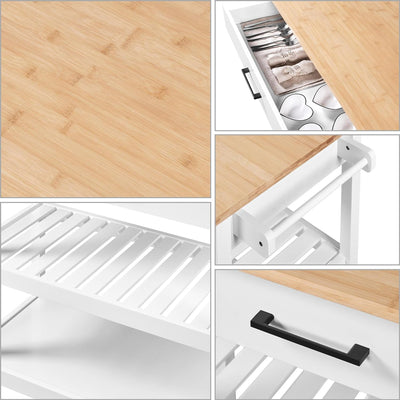 Yaheetech 40" Width Kitchen Island Cart on Wheels, 3 Tiers Rolling Utility Cart with Solid Wood Top and Drawer & 2 Spacious Storage Shelf, Serving Trolley for Dining Room, White