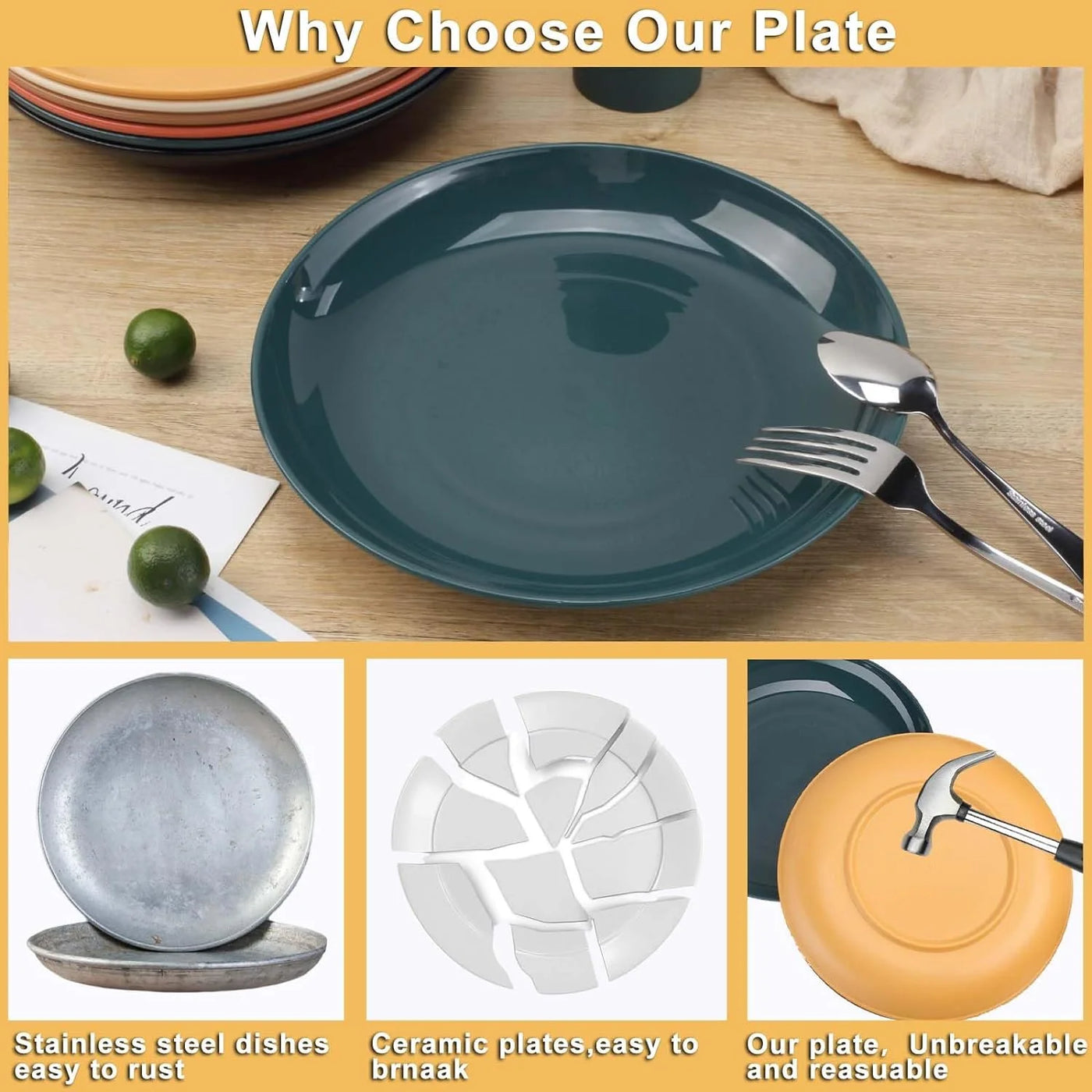 Dinnerware Set for 4, 16 Pack Plastic Bpa-Free Dinner Plates, Salad Plates, Cereal Bowls, Cups, Colorful Unbreakable Plates and Bowls Sets, Microwave and Dishwasher Safe