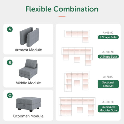 HONBAY Modular Sectional Sofa U Shaped Sectional Couch with Reversible Chaise Modular Couch with Storage, Bluish Grey